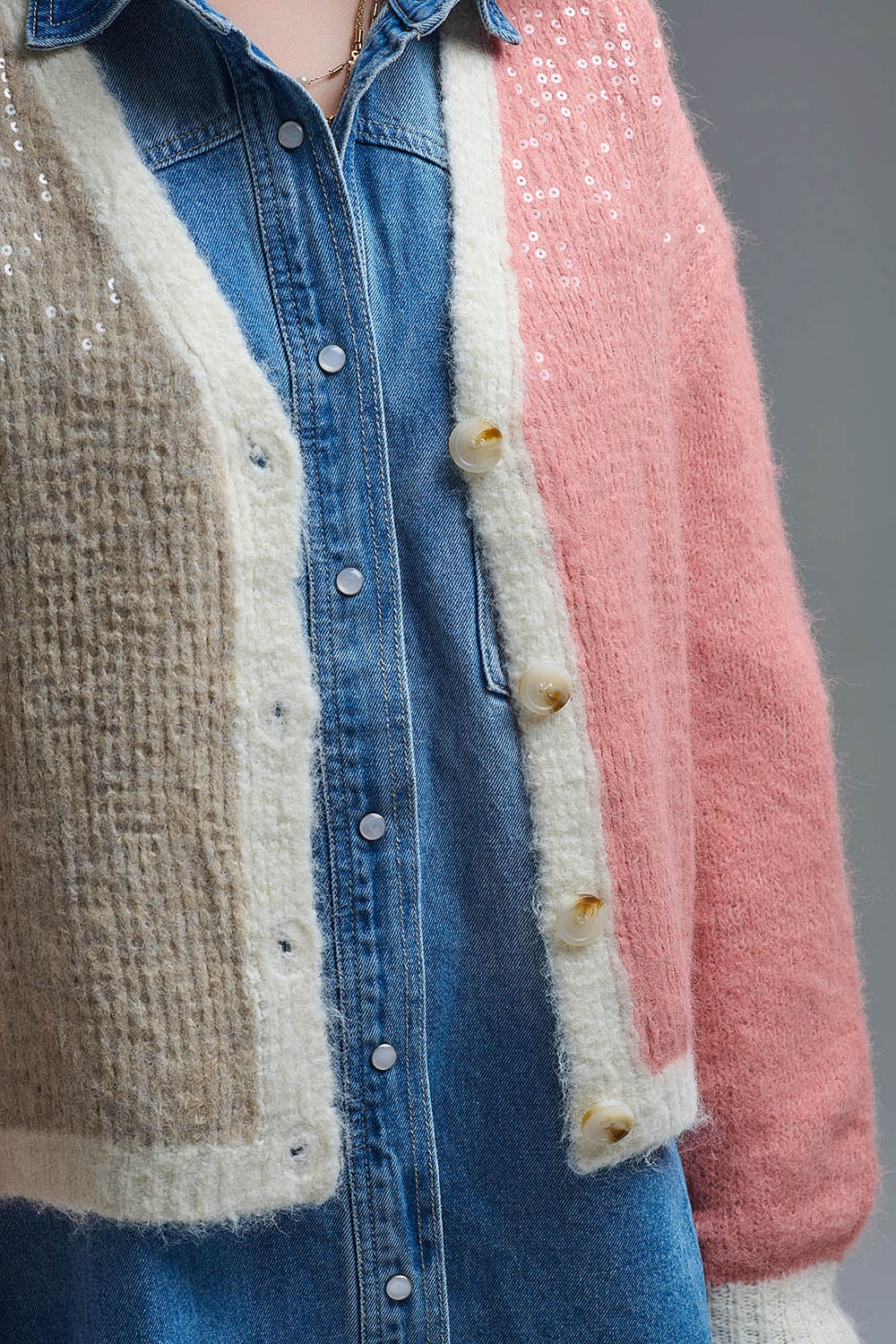 Color-block Sequin V-Neck Cardigan - Sweaters