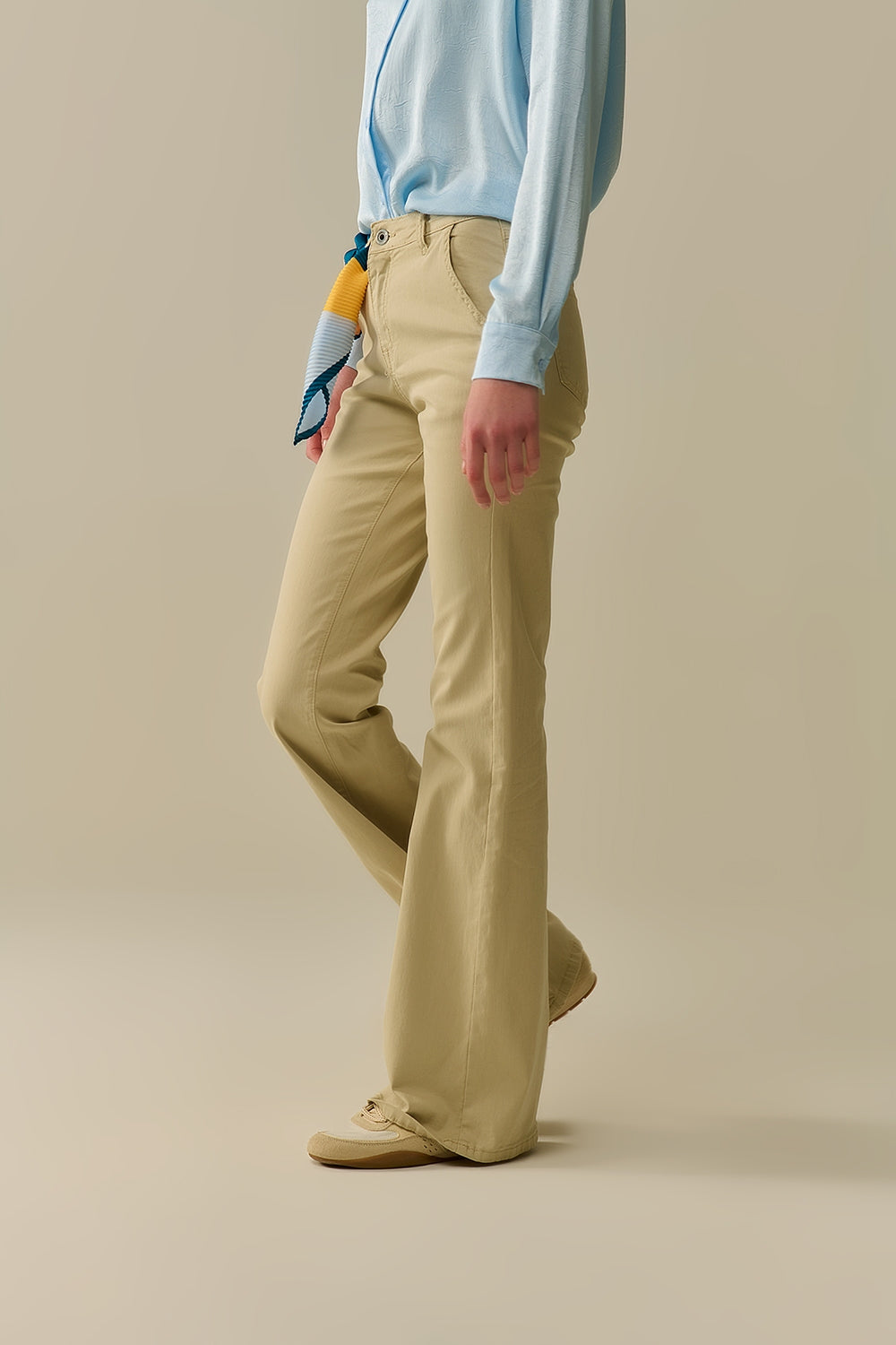 Comfy Stretcy Beige Flared Pants - Trousers