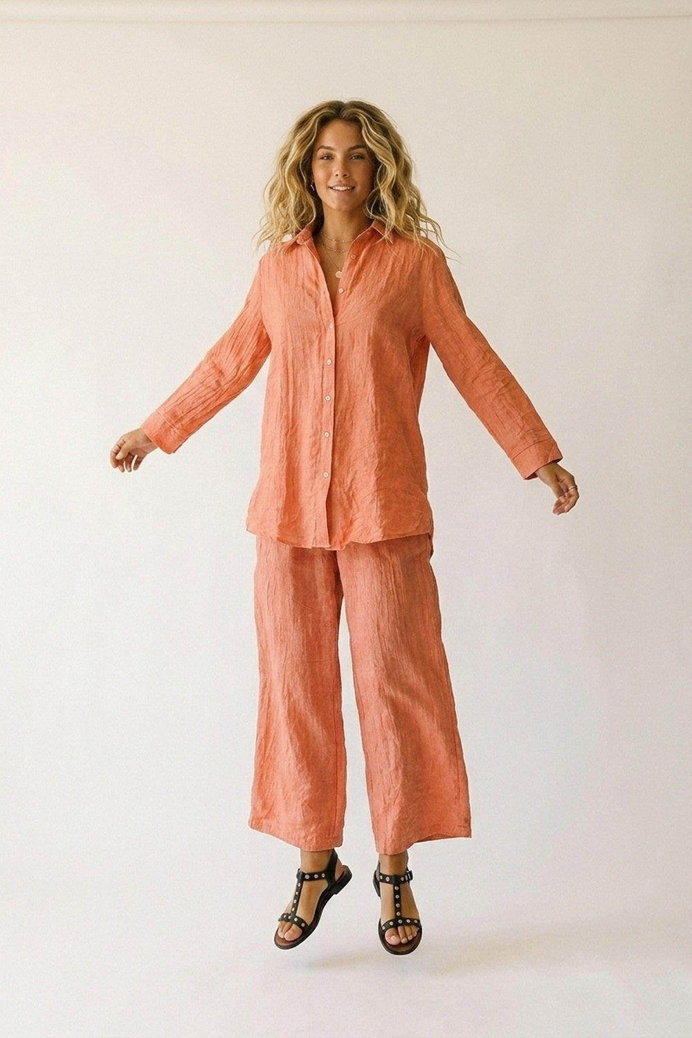 Coral Button-Down Shirt Tunic with sheer Crinkled fabric - Shirts