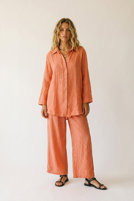 Coral Button-Down Shirt Tunic with sheer Crinkled fabric - Shirts