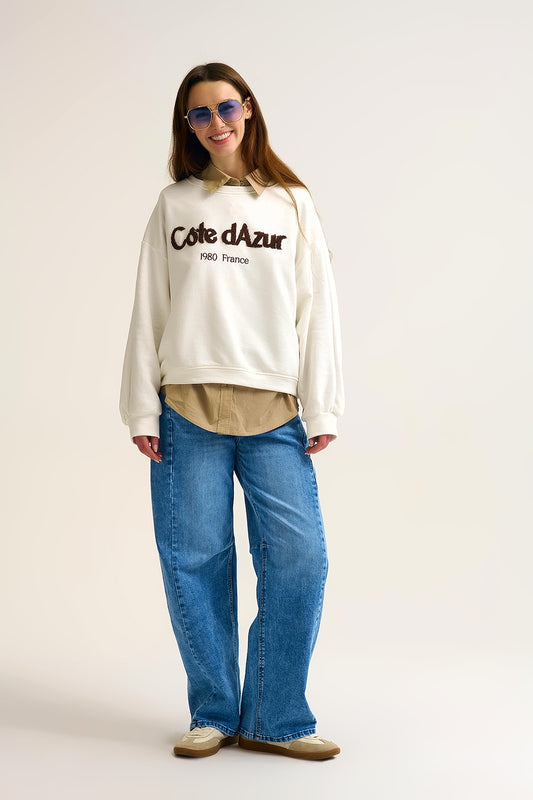 Côte d’Azur Embroidered Cream Sweatshirt - Sweaters