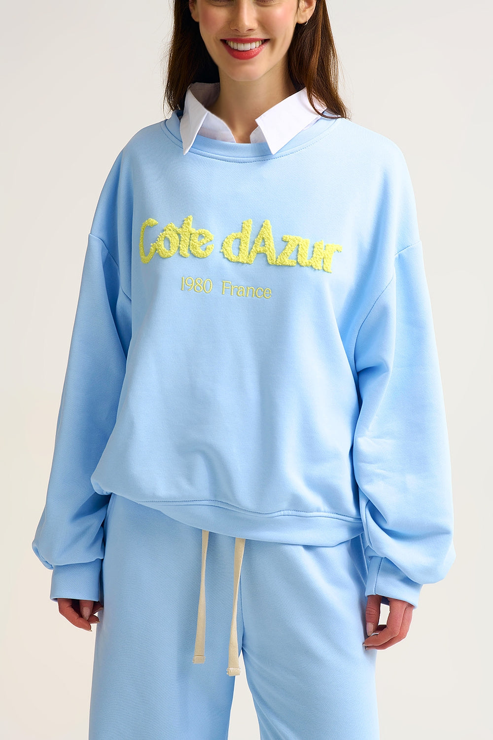Côte d’Azur Embroidered Pastel Blue Sweatshirt - Sweaters