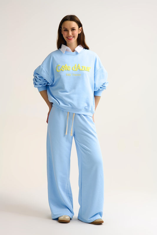 Côte d’Azur Embroidered Pastel Blue Sweatshirt - Sweaters