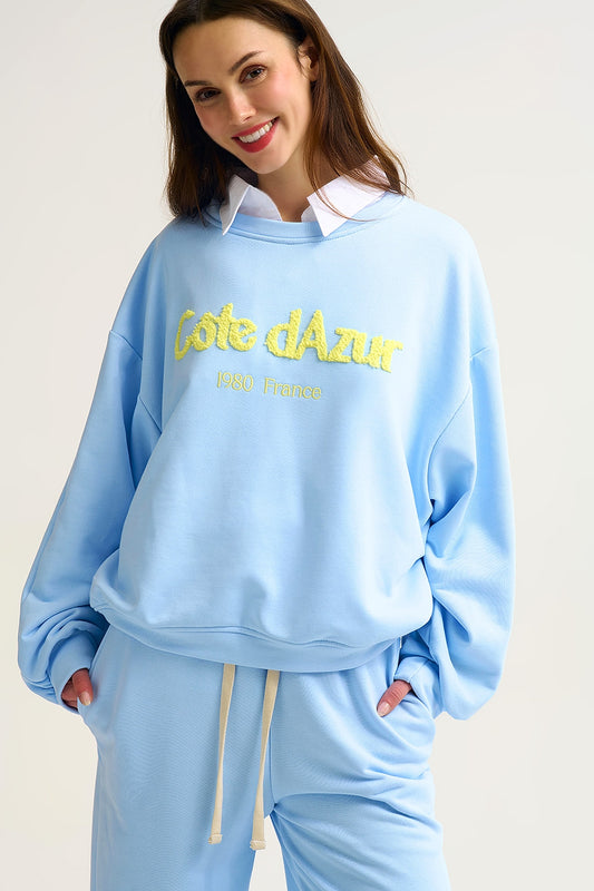 Côte d’Azur Embroidered Pastel Blue Sweatshirt - Sweaters
