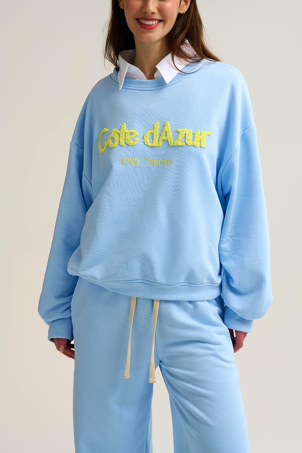 Côte d’Azur Embroidered Pastel Blue Sweatshirt - Sweaters