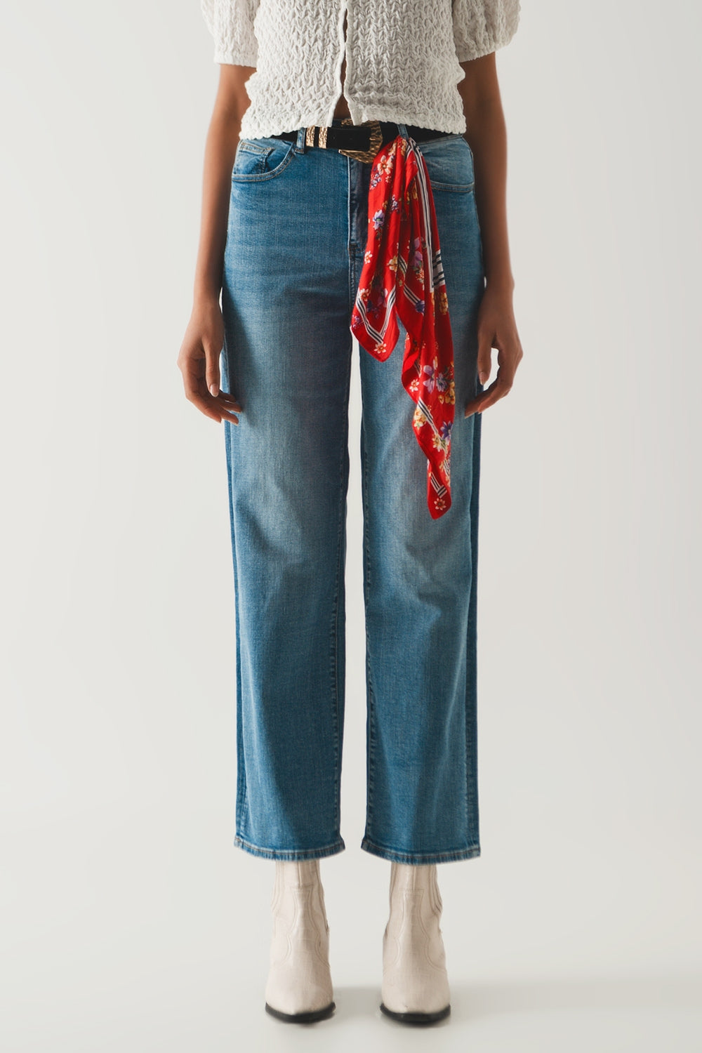 Cotton blend high waist wide leg jeans - Jeans