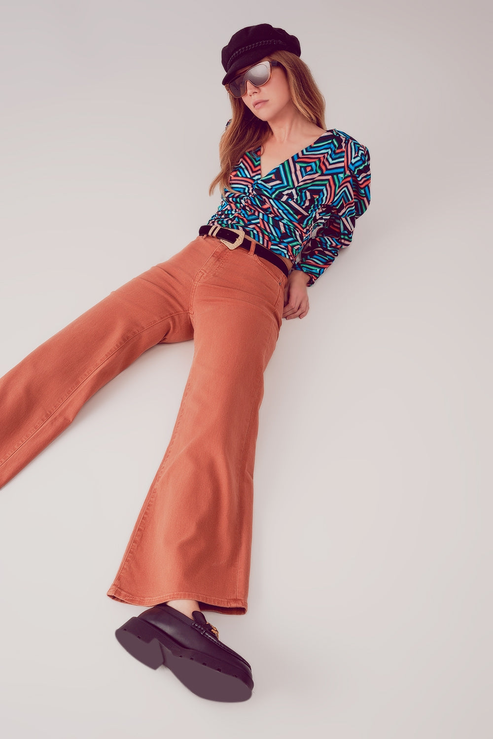 Cotton blend wide leg jeans in orange - Jeans