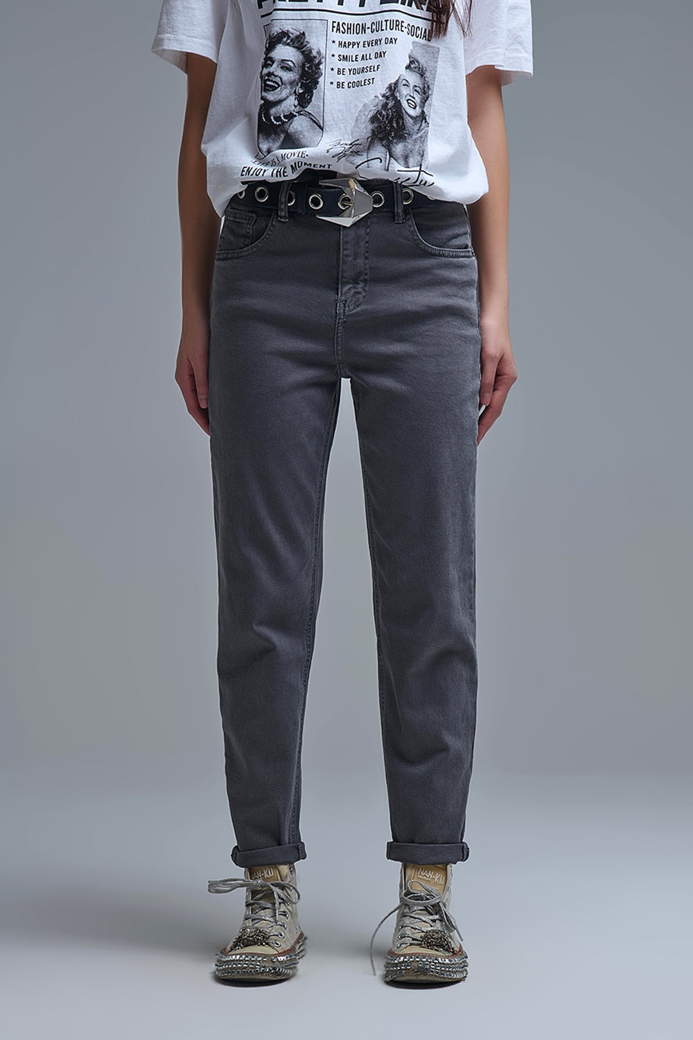 Cotton mid rise slouchy jean in Dark Gray - Jeans