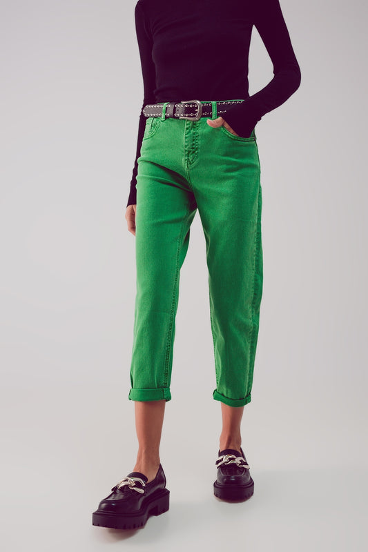 Cotton mid rise slouchy jean in green - Jeans