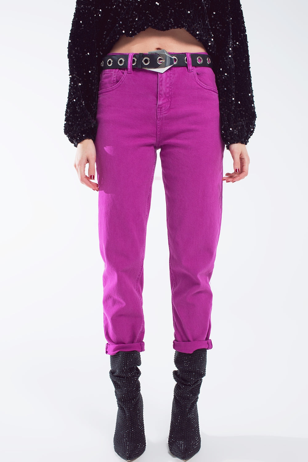 Cotton mid rise slouchy jean in Magenta - Jeans