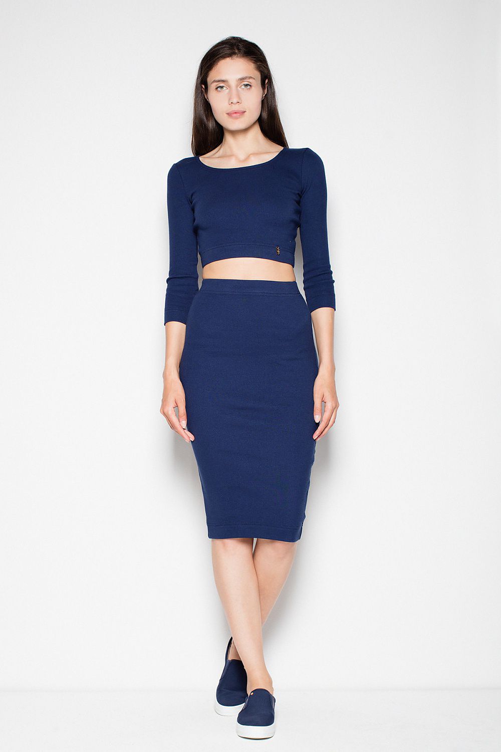 Cotton Set Long Sleeve Crop Top And Classic Cut Pencil Skirt navy blue - Sets