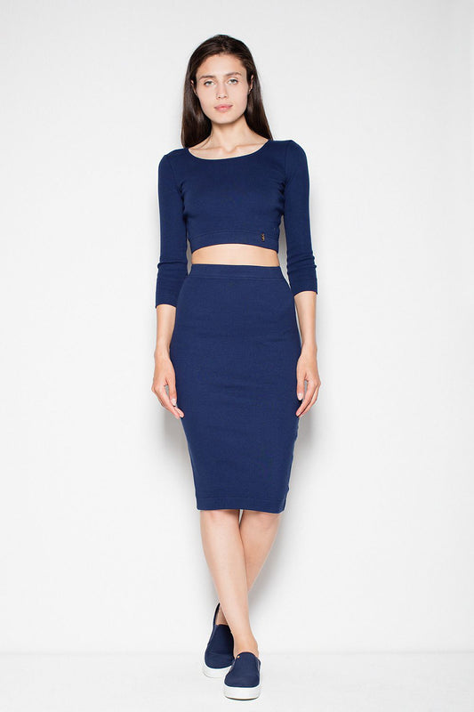 Cotton Set Long Sleeve Crop Top And Classic Cut Pencil Skirt navy blue - Sets