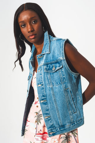 cotton sleeveless denim jacket in 70s blue
