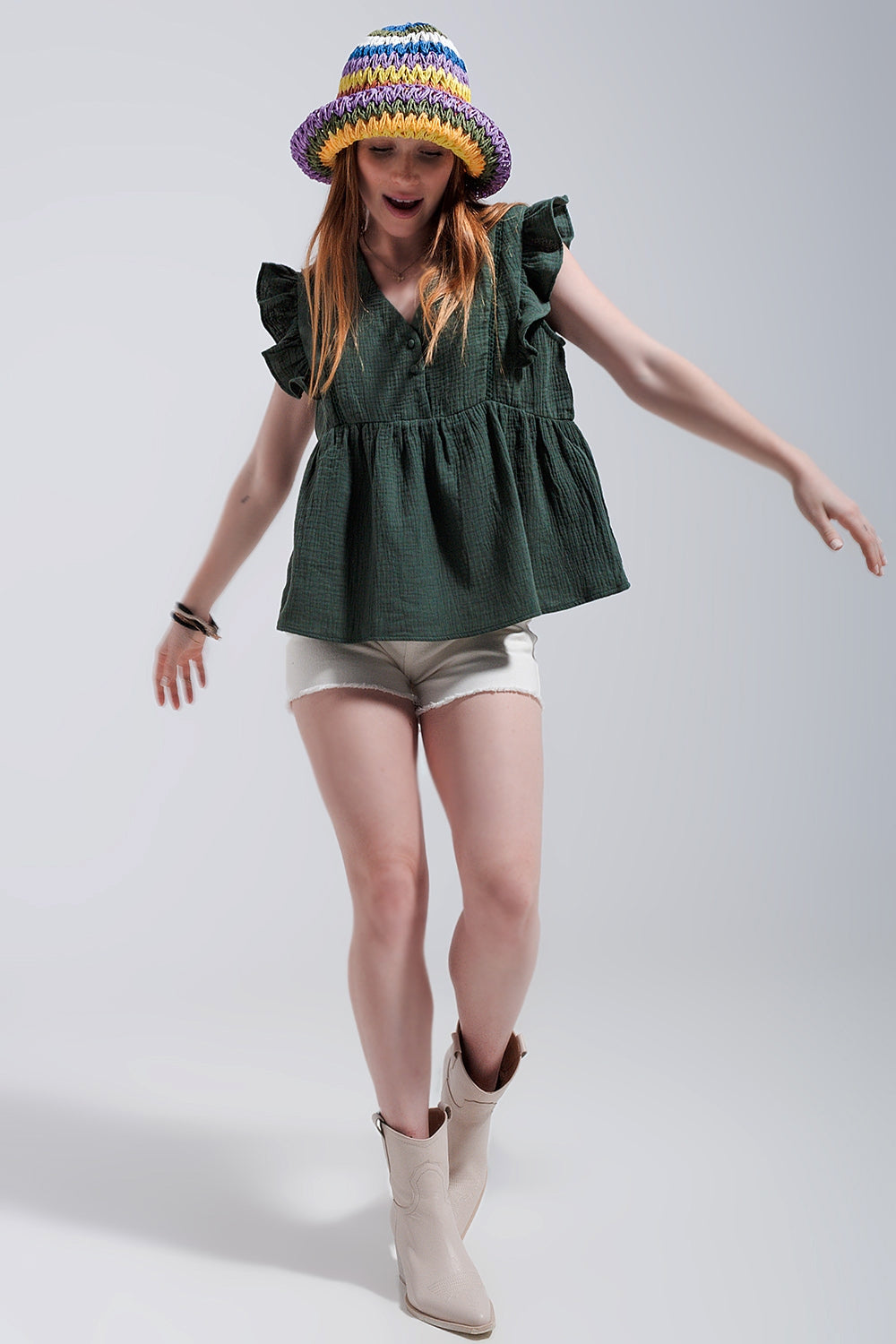 Cotton tank top with ruffle sleeves in khaki - Tank Tops