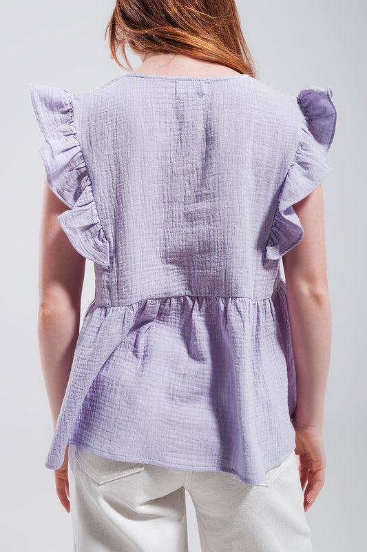 Cotton tank top with ruffle sleeves in lilac - Tank Tops