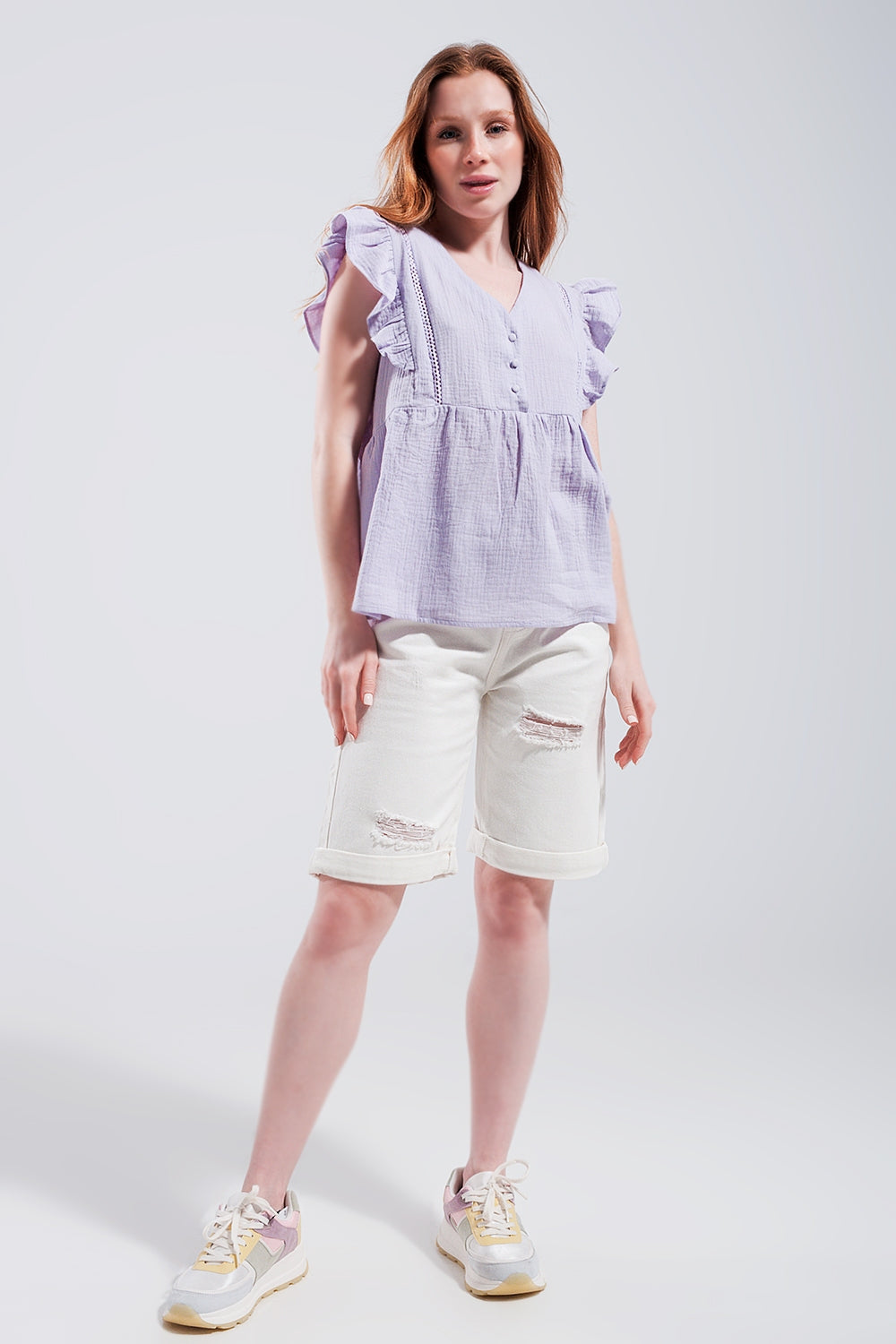 Cotton tank top with ruffle sleeves in lilac - Tank Tops