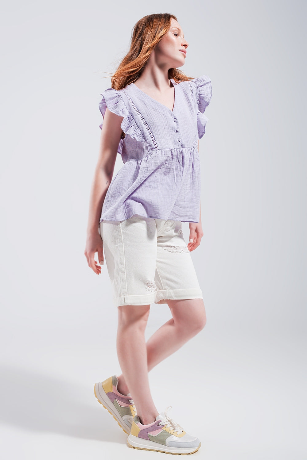Cotton tank top with ruffle sleeves in lilac - Tank Tops