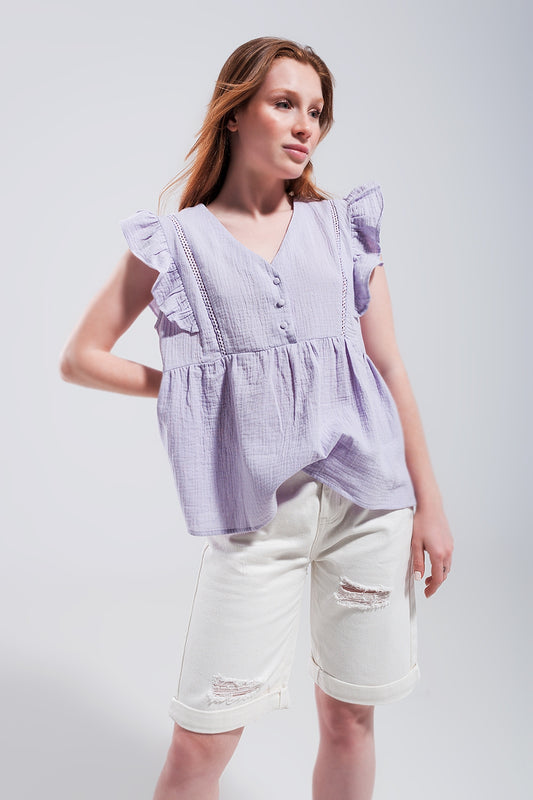 Cotton tank top with ruffle sleeves in lilac - Tank Tops
