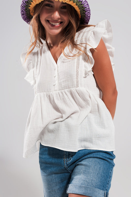 Cotton tank top with ruffle sleeves in white - Tank Tops