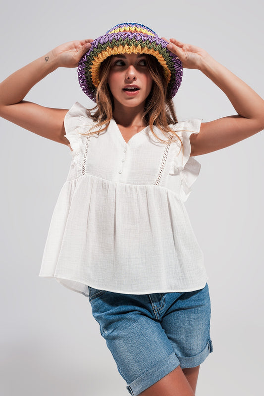Cotton tank top with ruffle sleeves in white - Tank Tops