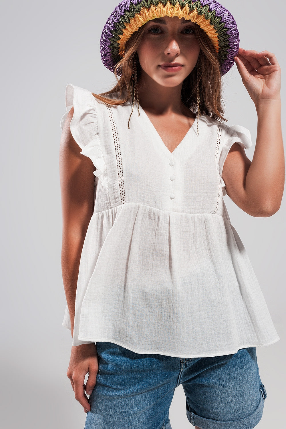 Cotton tank top with ruffle sleeves in white - Tank Tops