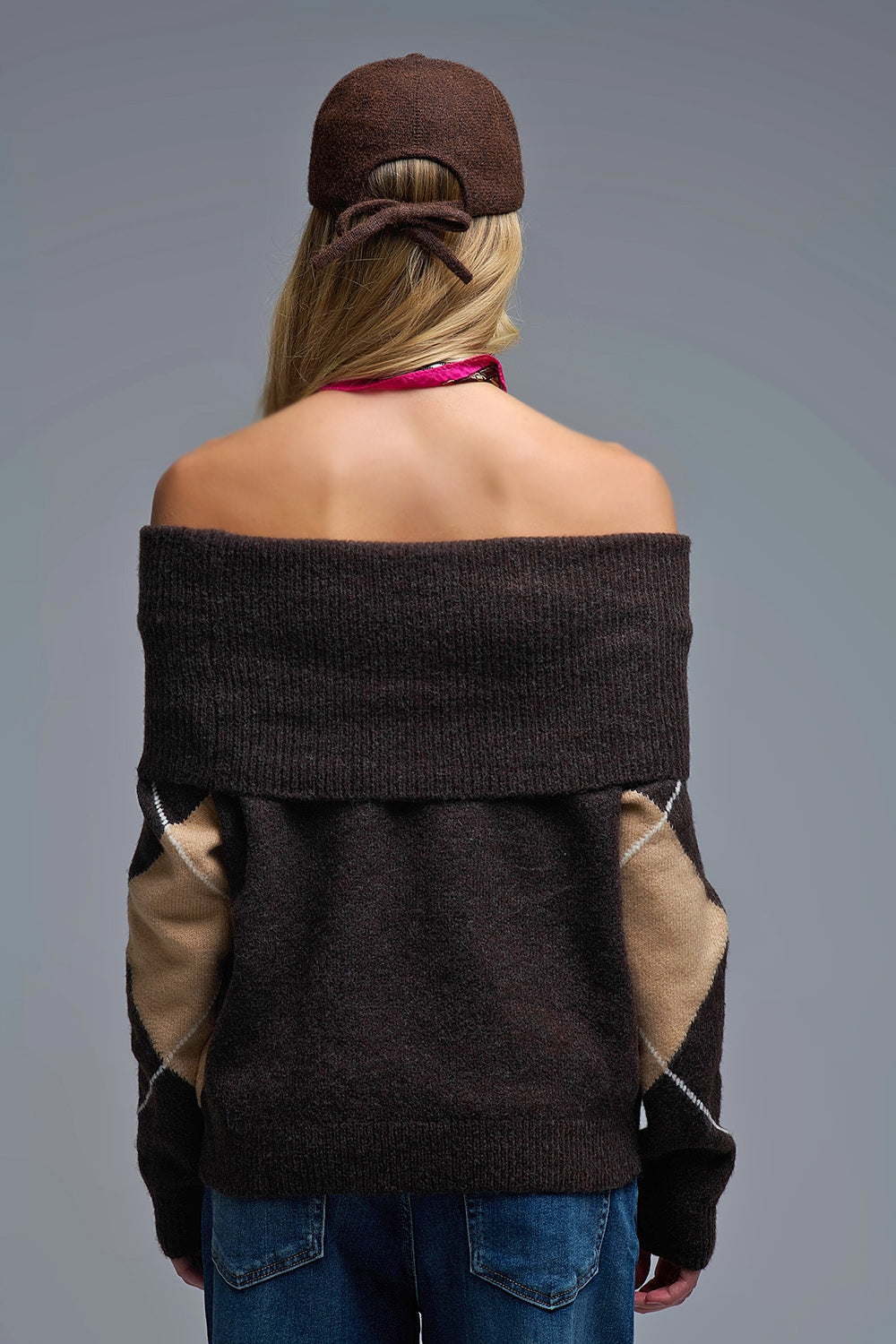 Cozy Brown Diamond-Pattern Off-Shoulder Sweater - Sweaters
