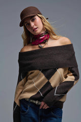 Cozy Brown Diamond-Pattern Off-Shoulder Sweater