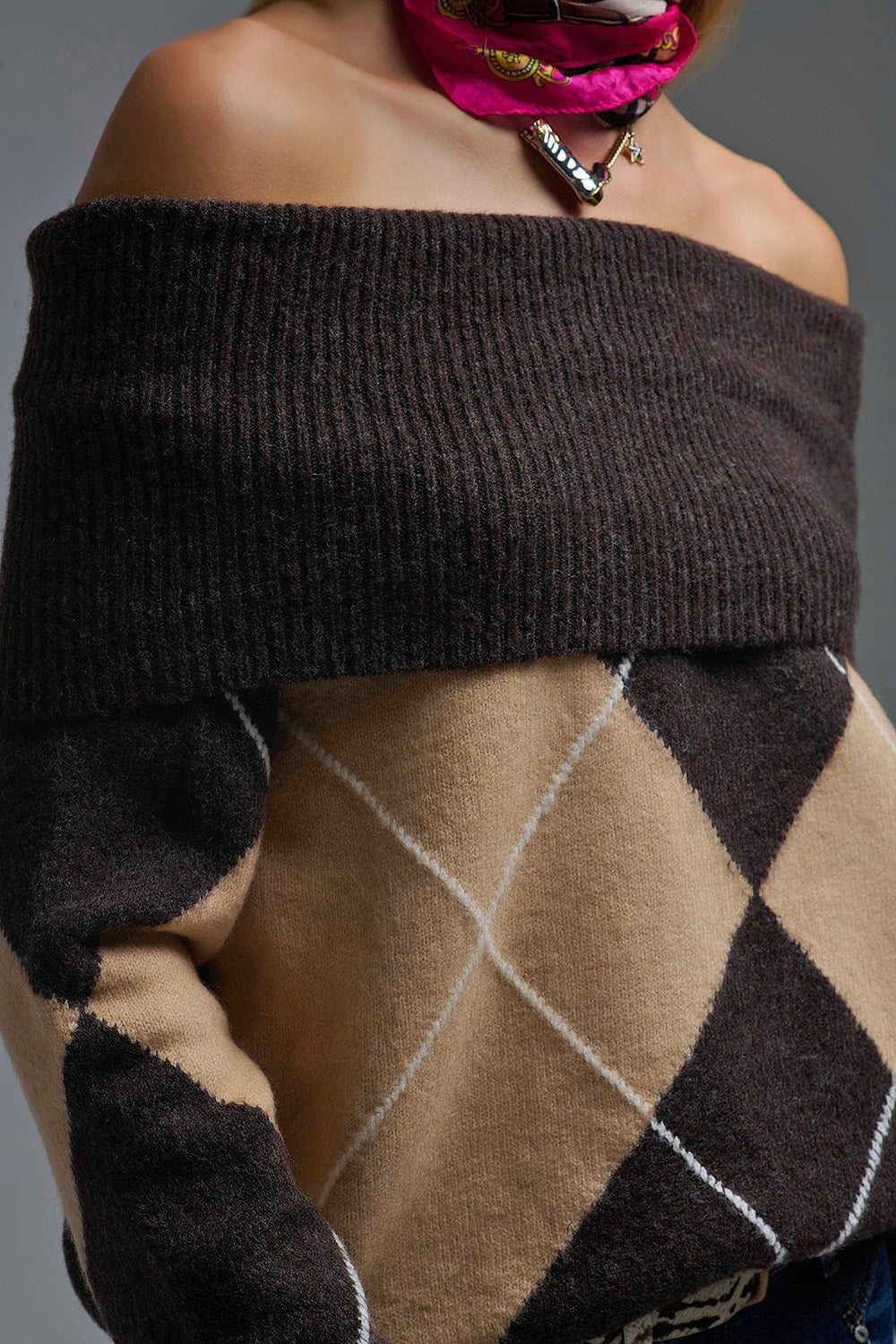 Cozy Brown Diamond-Pattern Off-Shoulder Sweater - Sweaters