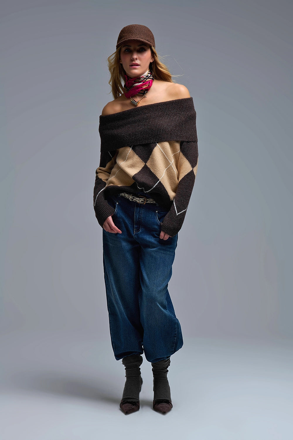 Cozy Brown Diamond-Pattern Off-Shoulder Sweater - Sweaters