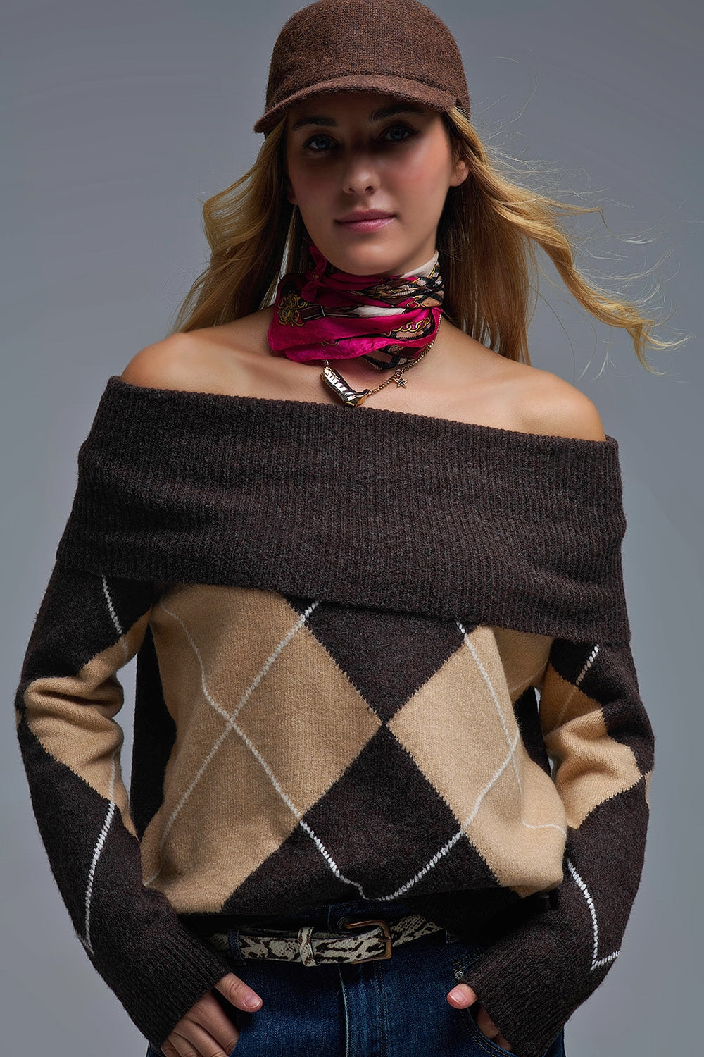 Cozy Brown Diamond-Pattern Off-Shoulder Sweater - Sweaters