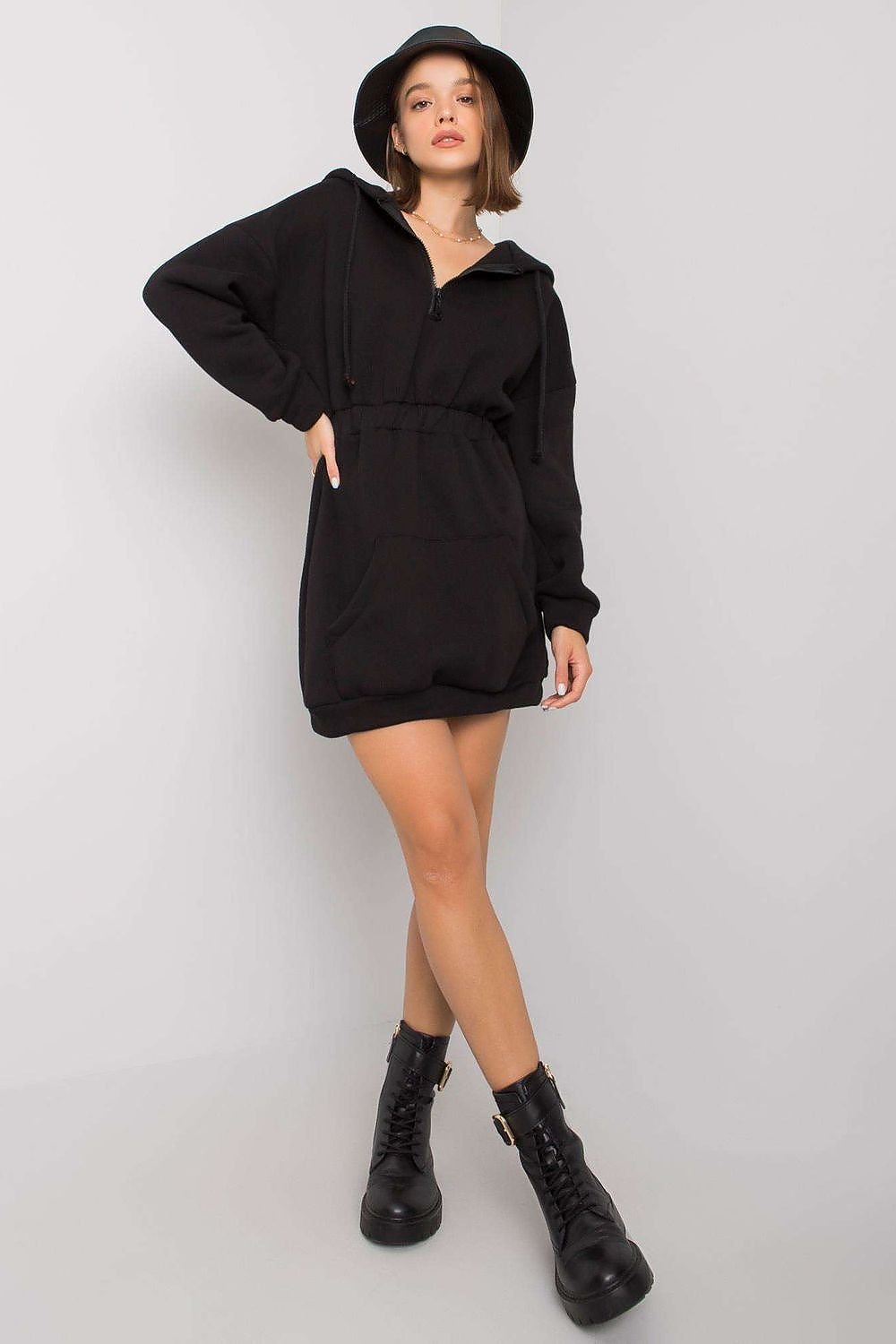 Cozy Hooded Sweatshirt Dress with Zipper and Kangaroo Pocket black - Dresses
