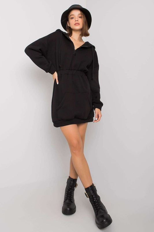 Cozy Hooded Sweatshirt Dress with Zipper and Kangaroo Pocket black - Dresses