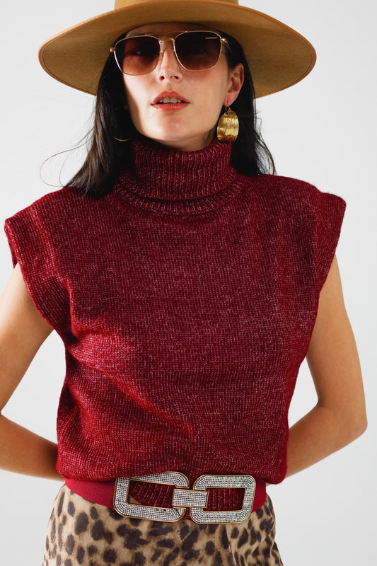Cozy turtleneck sleeveless sweater in burgundy - Jumpers