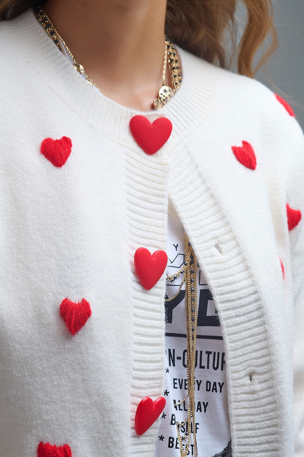 Cozy White Cardigan with Red Hearts - Sweaters