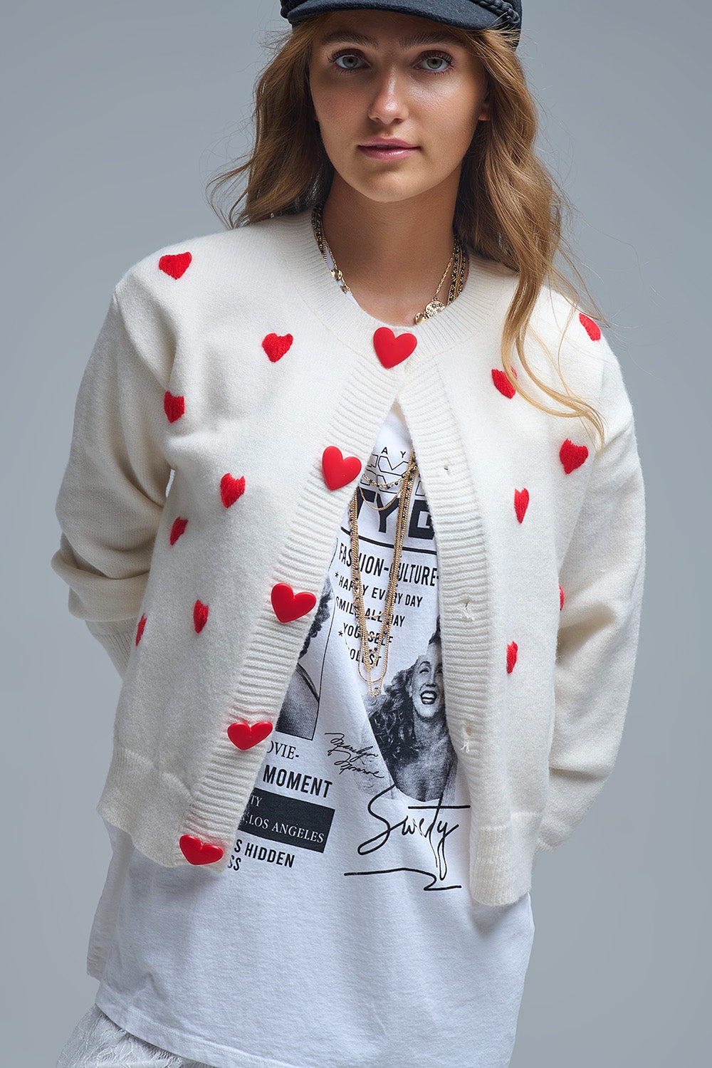 Cozy White Cardigan with Red Hearts - Sweaters