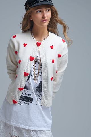 Cozy White Cardigan with Red Hearts