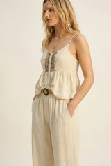 Cream Button-Front Peplum Top with Embroidered detail