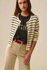 Cream Cardigan with Black Stripes and Gold Buttons