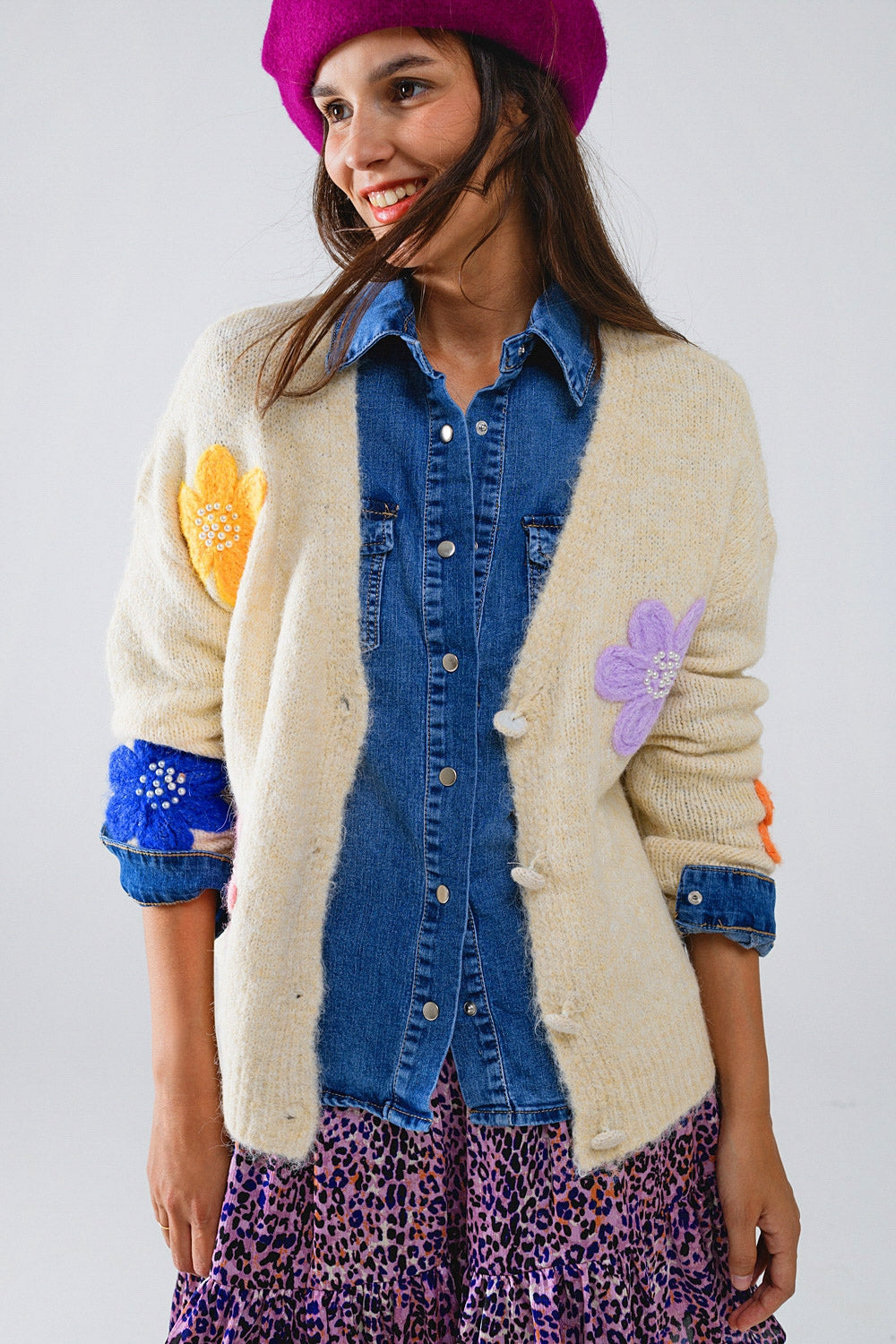 Cream Cardigan With EMbroidered Flowers - Cardigans