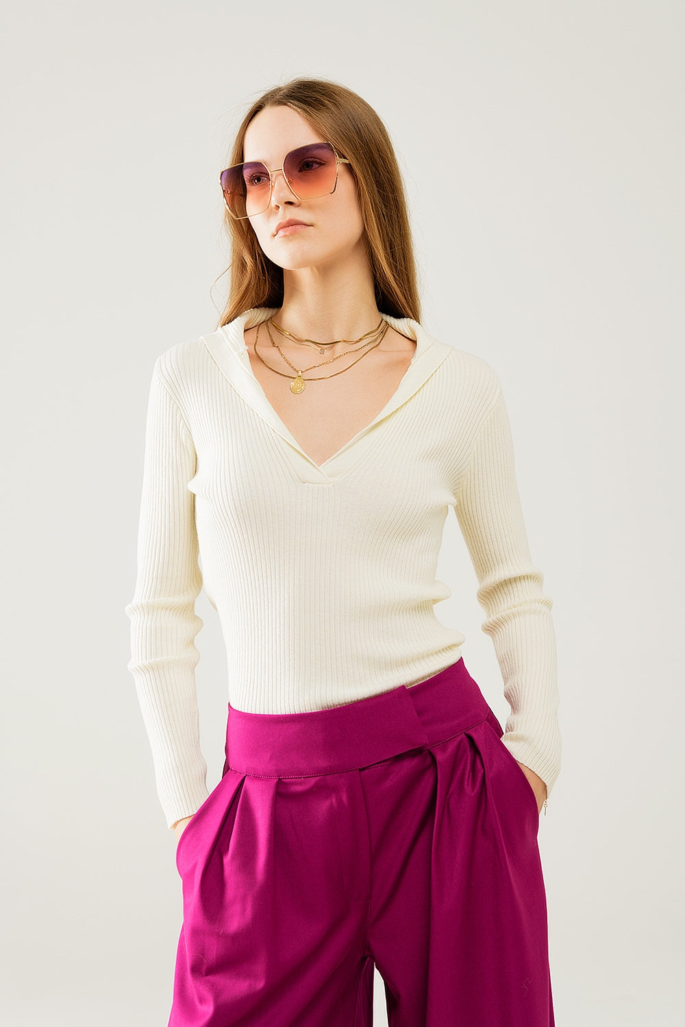 cream Collared Rib sweater With Long Sleeves - Jumpers