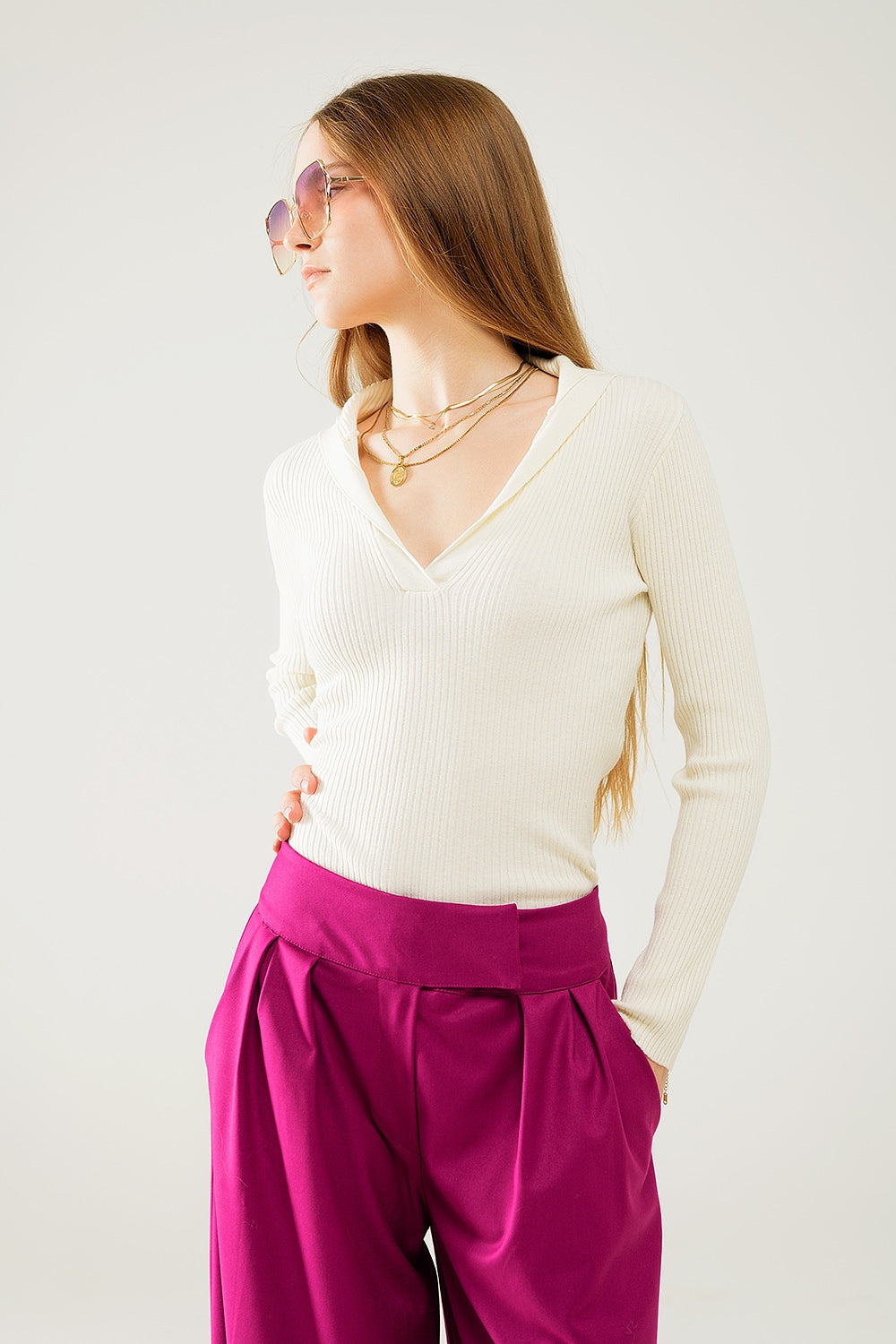 cream Collared Rib sweater With Long Sleeves - Jumpers