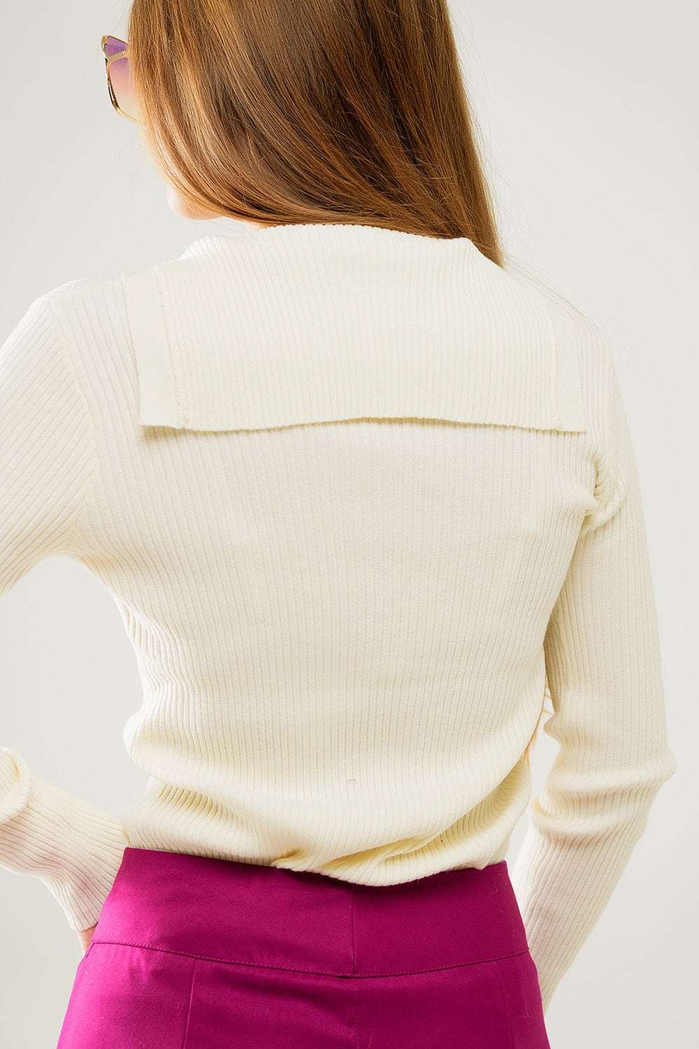 cream Collared Rib sweater With Long Sleeves - Jumpers