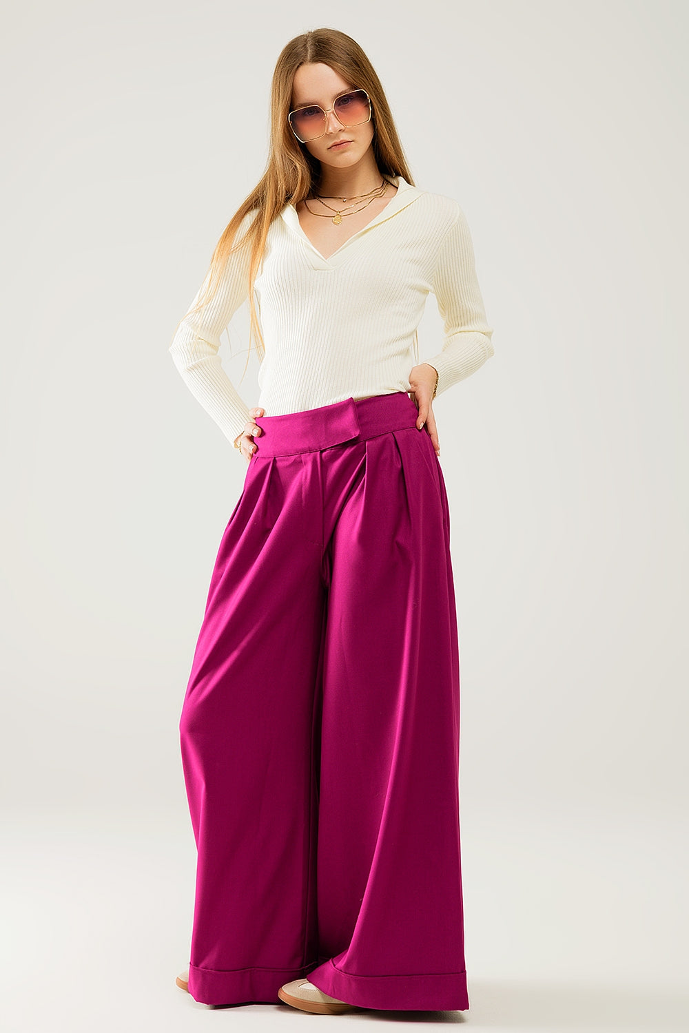 cream Collared Rib sweater With Long Sleeves - Jumpers