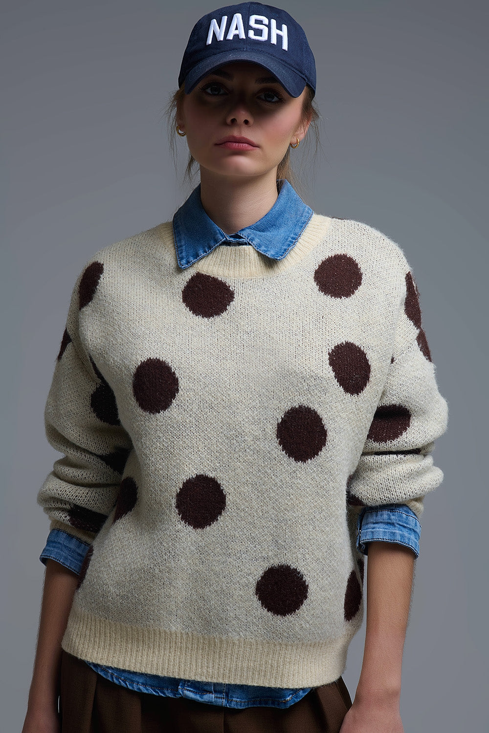 Cream Crew Neck Sweater with brown Polka Dot - Sweaters