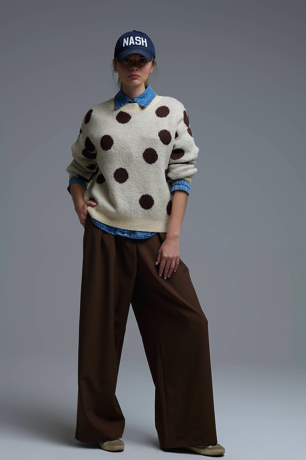 Cream Crew Neck Sweater with brown Polka Dot - Sweaters