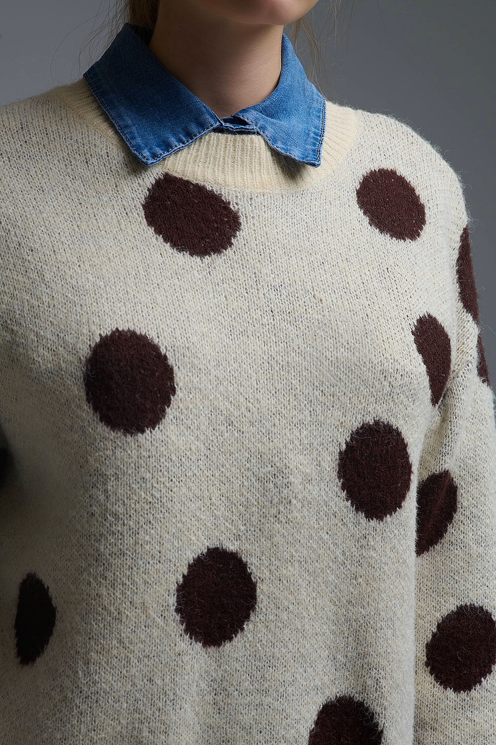 Cream Crew Neck Sweater with brown Polka Dot - Sweaters