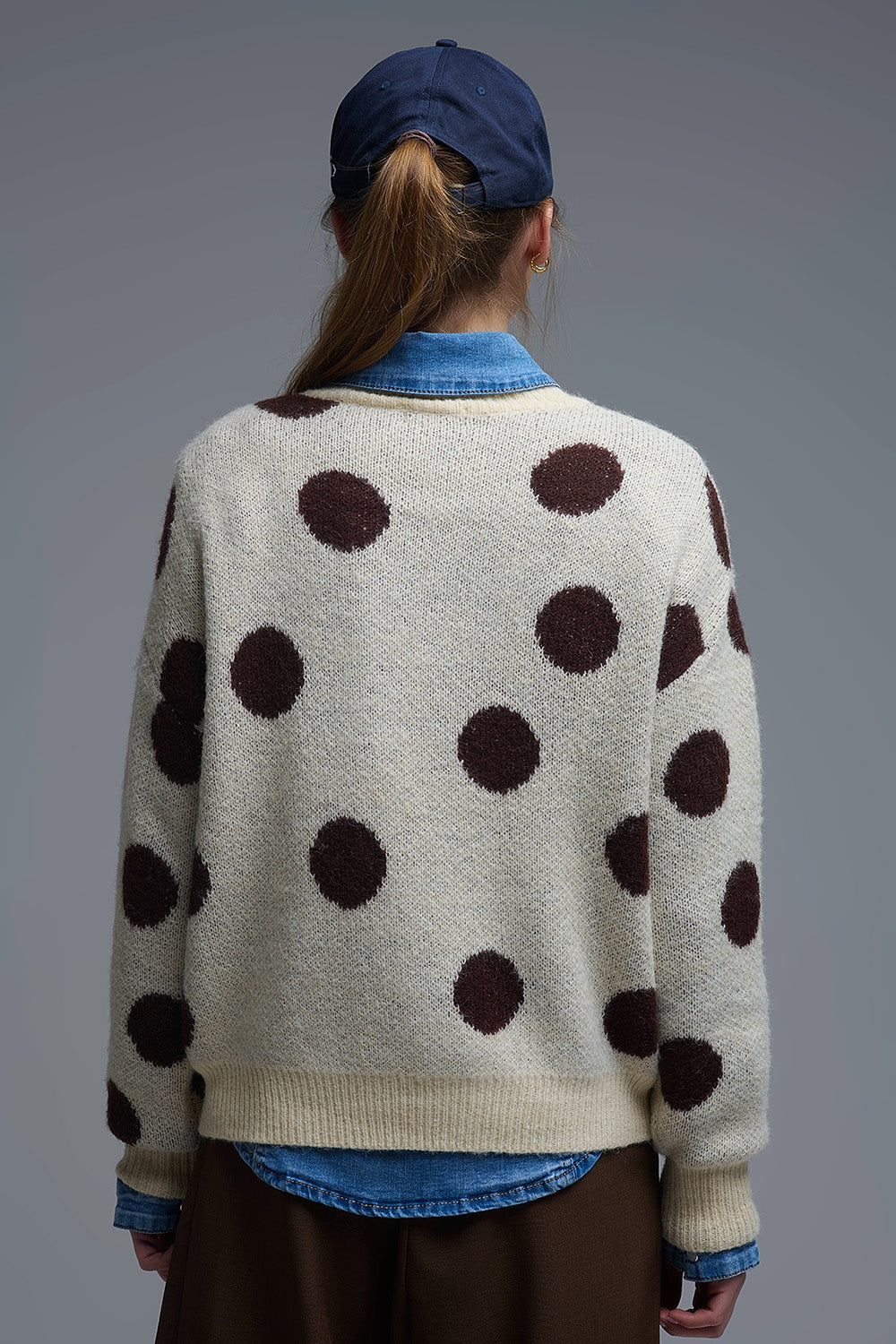 Cream Crew Neck Sweater with brown Polka Dot - Sweaters