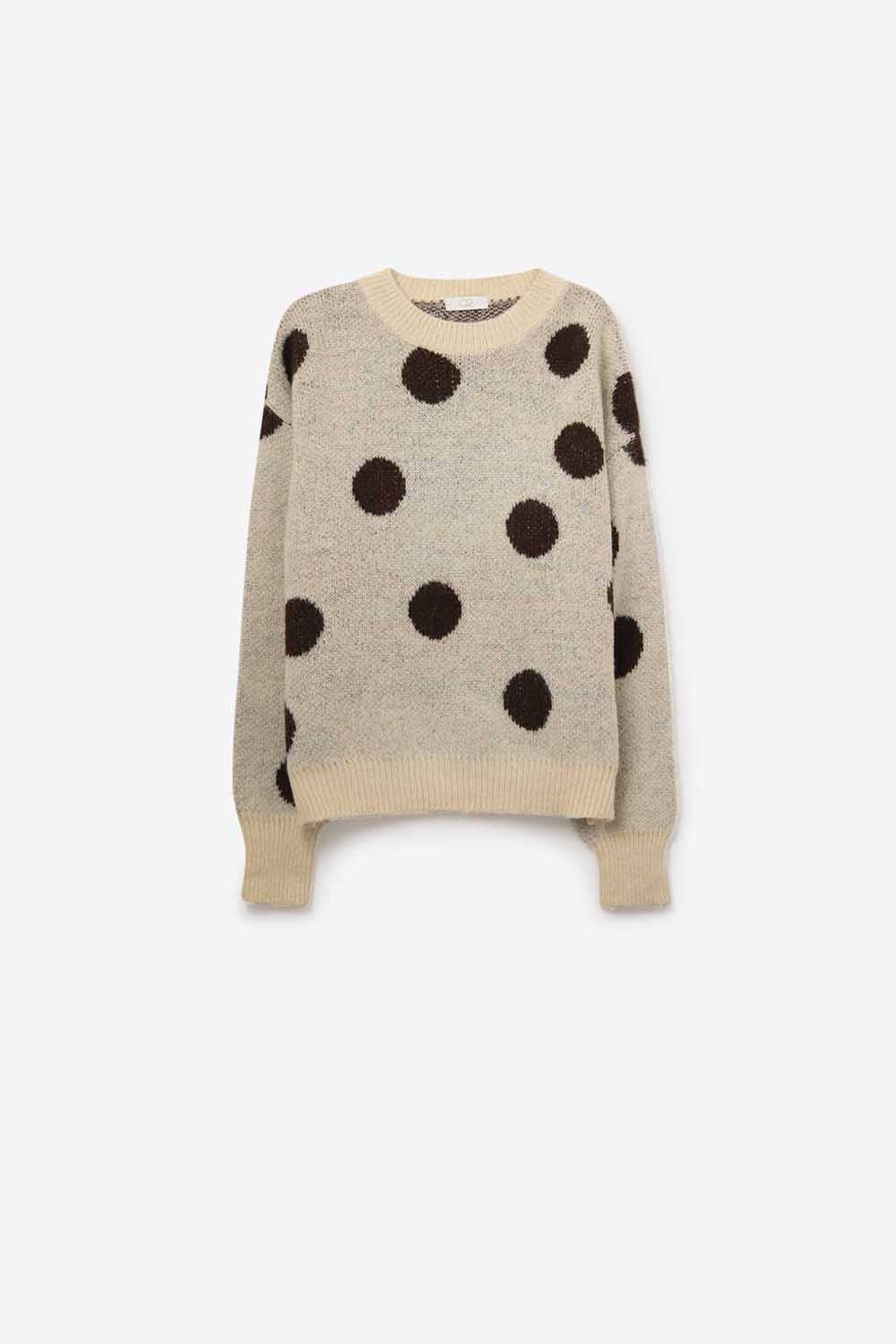 Cream Crew Neck Sweater with brown Polka Dot - Sweaters