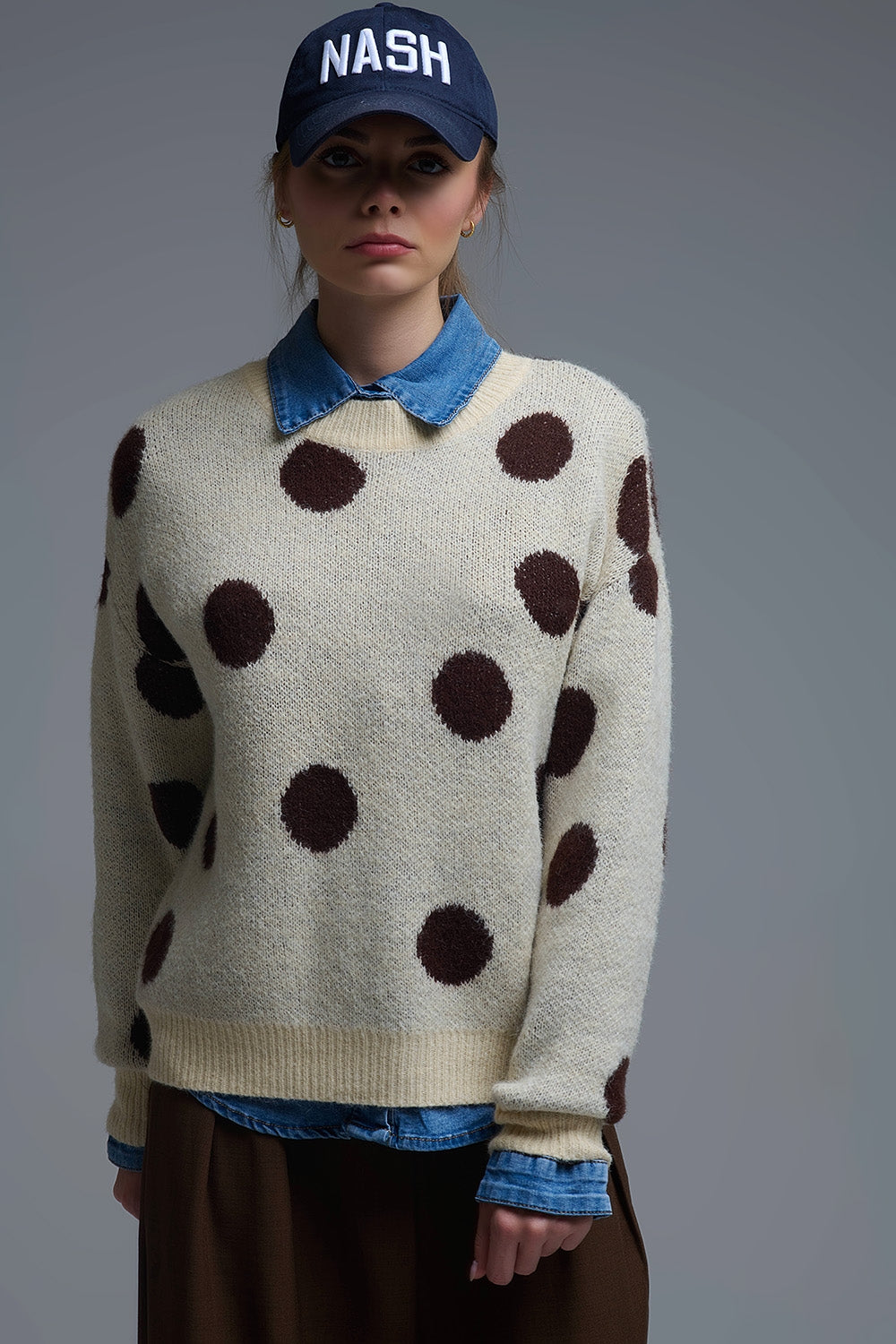 Cream Crew Neck Sweater with brown Polka Dot - Sweaters