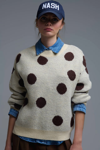 Cream Crew Neck Sweater with brown Polka Dot